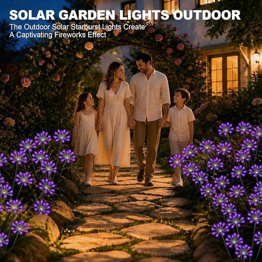 Solar Garden Lights Outdoor, Upgraded Solar Swaying Starburst Light Waterproof with 2 Modes, Solar Fairy Firework Lights for Yard Patio Pathway Flowerbed Balcony Garden Decoration (Purple, 2 Pack)