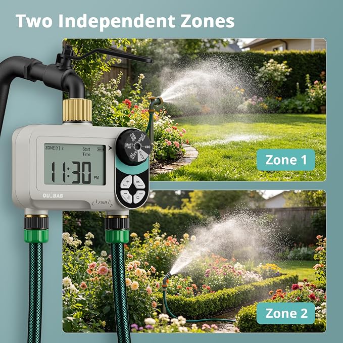 QUOBAS Zero Pressure Sprinkler Timer with Child Lock, Programmable Water Timer for Garden Hose Faucet with Brass Ports, Rain Delay/Manual/Auto Irrigation System, 2 Zone Watering for Rain Barrel