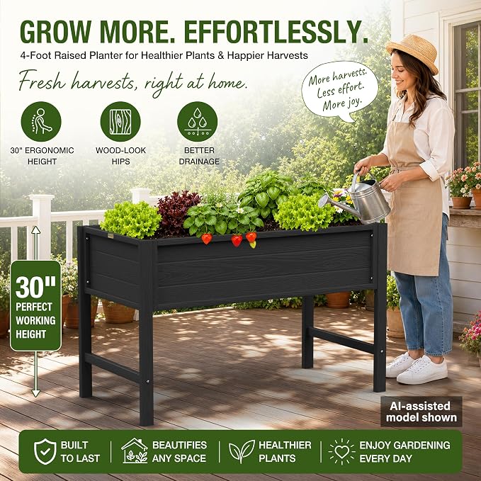 YEFU 48" Raised Garden Bed with Legs, HIPS Outdoor Garden Bed, Black | Raised Garden Bed with Legs for Patios & Decks, 30" Height, Wood-Look HIPS, Drainage, 385 lbs Support for Vegetables & Herbs
