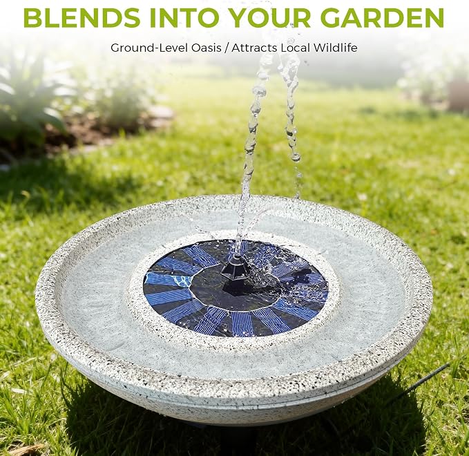Solar Fountain Bird Bath of Outside Faux Rock Granite Look 12.5" Tabletop Water Bowl with 6 Nozzles Bird Bath Bubbler for Hummingbird Wild Birds Outdoors Garden Patio Lawn