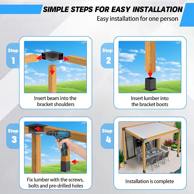 JEXALINE Aluminum Pergola Kit for 4"x4" Lumber, Heavy Duty Pergola Brackets with 3-Way & 4-Way Corner Brackets, DIY Gazebo Kit for Outdoor Patio Backyard Garden, Fits Actual 3.6" x 3.6" Wood