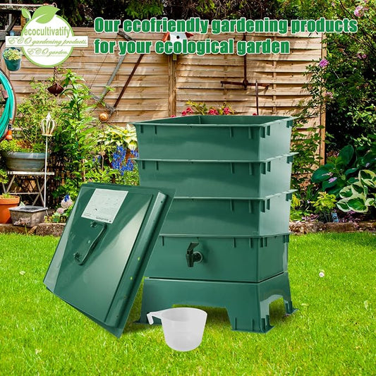 4-Tray Worm Compost Bin, Worm Composter for Outdoor & Indoor, ecocultivatify Wormie's Home, Worm Bin Set for Recycling Household Waste (Dark Green)