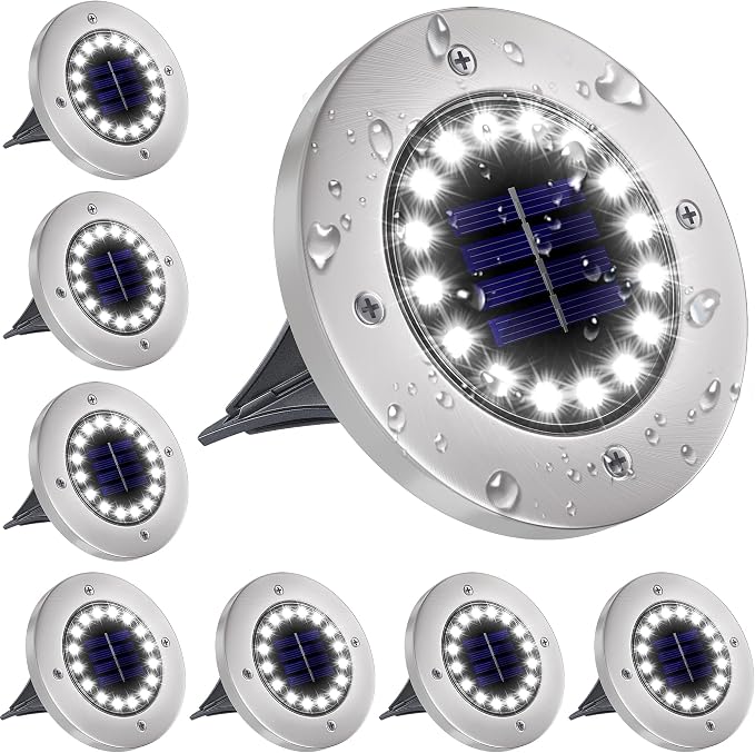 NFESOLAR Solar Ground Lights Outdoor with 16 LEDs Higher Brightness | IP65 Waterproof, Stainless Steel Shell, Auto ON/OFF, Wire-Free for Yard Garden Pathway - White 8 Pack