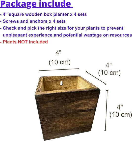 LaLaGreen Wall Planter for Indoor Plants (4x4, 4 Pack) Hanging Wooden Boxes | Square Wood Flower Pots, Wall Mounted Window Box Plant Holder Living Room Bedroom Kitchen Vertical Garden Home Decor