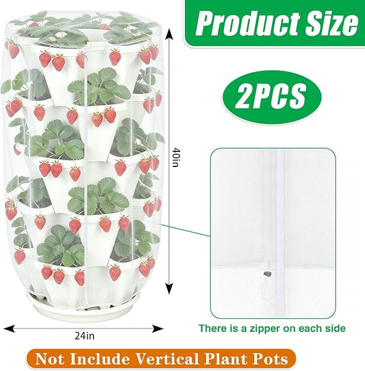 24"x40"Vertical Plant Pot Insect Netting with Zipper for Strawberry Planter | 2 Pcs Stackable 5 Tier Planter Pot Insect Mesh Protection for Herb Flower Fruit Vegetable, Front and Rear Two Zippers