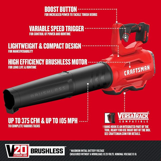 CRAFTSMAN CMCBL720B V20* Cordless Axial Leaf Blower, Brushless (Tool Only) Red