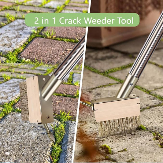Crack Weeder Tool, Crevice Weeding Moss Brush with 2 Heads&Scraping Hook, A Hand Puller Tool, Moss Remover with Steel Handle for Cleaning Paving Joint Paver Sidewalk Patio Stone Driveway Deck
