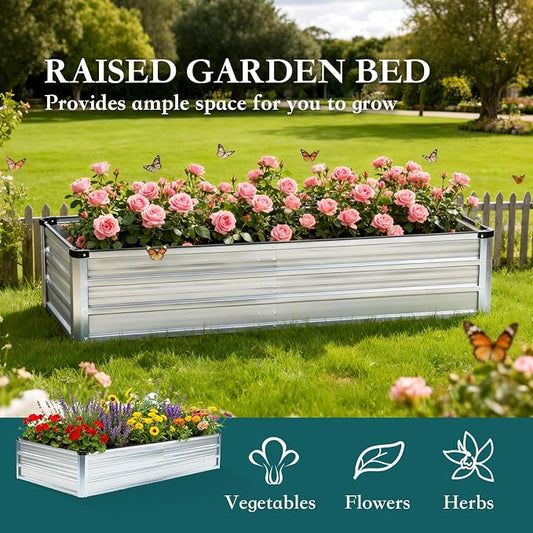DUMOS Galvanized Raised Garden Bed Outdoor, 6x3x1ft 2 Pack Metal Planter Box for Deep-Rooted Vegetables Flowers Herbs, Rectangular Planter Raised Bed for Patio Balcony Backyard, Open Bottom, Silver