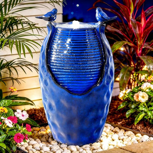 Autodaya 25" Ceramic Outdoor Fountain, Honeycomb Jar Design with LED | Bird-Friendly Decorative Garden Water Feature with ambiant lighting, Soothing Trickling Waterfall for Patio Backyard Oasis