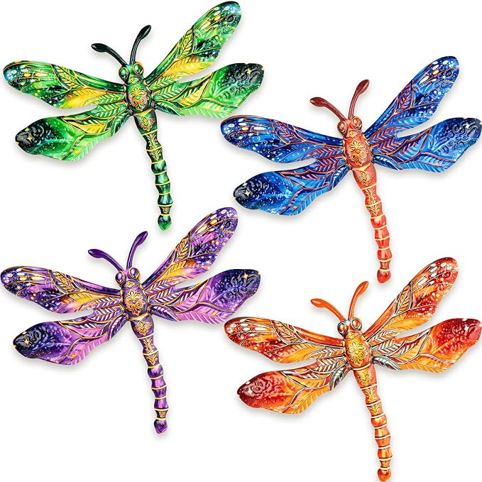 SUNREEK Metal Dragonfly Wall Decor - 9.6" Outdoor Fence Wall Art, Hanging Decorations for Garden Yard Patio Room Decorations, 4 Pack (Color-1)