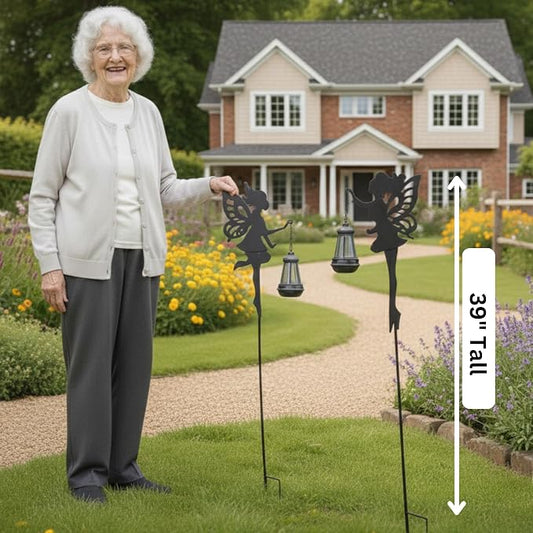 Solar Fairy Garden Accessories Outdoor 1 Pair - Metal Stakes Decorative Figurines Housewarming Ornament for Patio, Lawn, Yard, Pathway - Unique Gift Ideas for Mom Grandma (Warm Lighting)