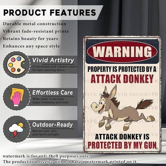 Metal Tin Sign Vintage Retro Wall Decor Warning Beware of Donkey Property Is Protected By a Attack Donkey Funny Tin Sign for Home Backyard Garden Patio 12 * 8inch