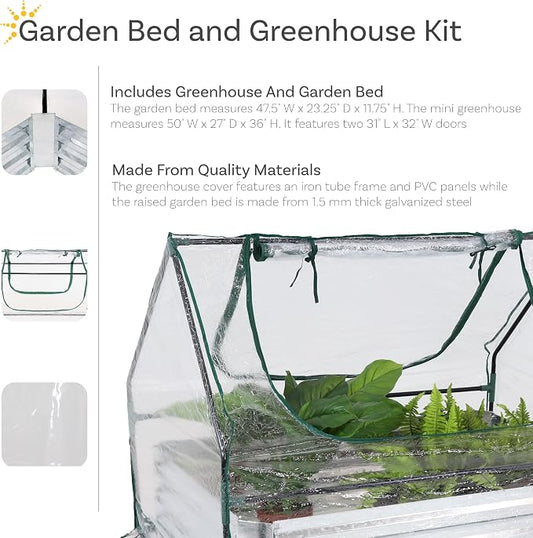Sunnydaze Steel Raised Garden Bed with Mini Greenhouse - Outdoor Greenhouse Kit - 2 Zippered Doors - Clear - 4' x 2'