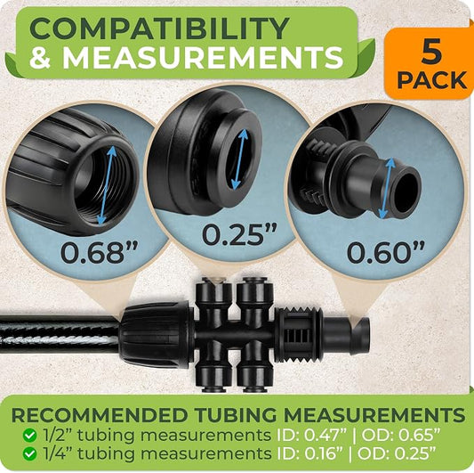 Carpathen Drip Irrigation Parts - 5PCS 1/2" to 1/4" Barbed Tee Quick Connector - Lock Reduced 4-Way T Connector - Drip Irrigation Fittings