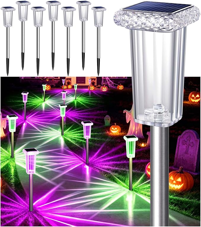 DenicMic Solar Lights Outdoor Waterproof 8 Pack 10 Modes Halloween Decor | 3000K/4000K/6000K/6 Fix Color/Color Changing LED Pathway Yard Garden Walkway Driveway, Acrylic Lampshade Stainless Steel Pole