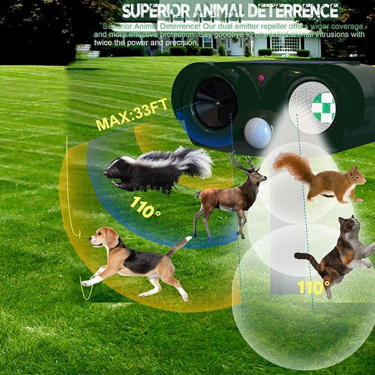 Ultrasonic Cat Repellent Outdoor Solars Animal Raccoon Repellent Ultrasonic Deterrent, 360° Protection for Your Home, Garden, and Farm - Weatherproof and Energy - Efficient