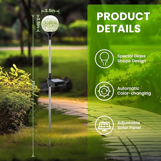 GIGALUMI Solar Garden Lights 6 Pack, Solar Lights Outdoor Decorative Waterproof, Outdoor Solar Lights for Yard Decorations, Multi-Colored Changing Garden Globe Cracked Glass Ball with LED Lights