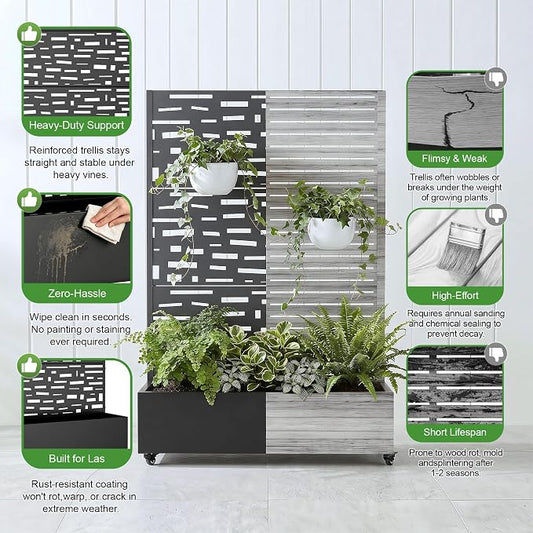Casaphoria Metal Raised Garden Bed with Trellis and Wheels, 72"x47"x16" Planter Box for Climbing Plants, Vegetables & Vines, Features Drainage Holes and Privacy Screen (Black-Gerald)