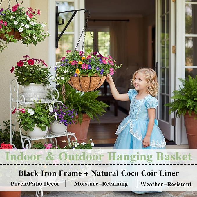 EIMQUVW Outdoor Metal Hanging Planters Basket (4pack, 16 inch) Hanging Baskets for Plants Chain Round Wire Plant Holder with Coco Fiber Liners for Garden, Patio, Deck, Porch