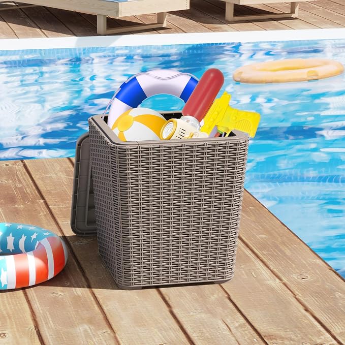 Giantex 11.5 Gallon Deck Box, Outdoor Side Table with Removable Lid, Faux Wicker-Woven, 330Lbs Capacity, Outside Waterproof Storage Box, Resin Rattan Small Coffee Table for Patio Poolside (Brown)