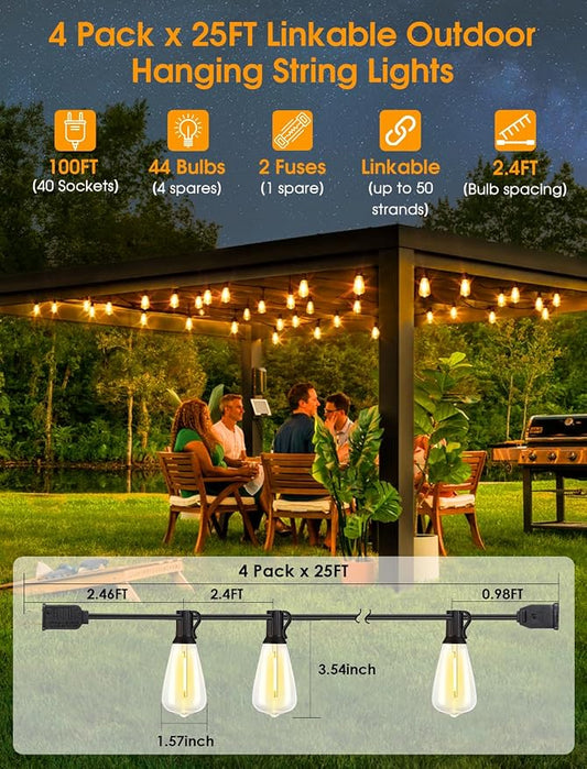 Larkvue 100FT(4x25FT) Outdoor String Lights, Patio Lights with 40+4 LED Dimmable Waterproof Linkable ST38 Edison Bulbs for Gazebo Camping Party, Black