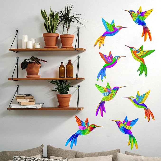 Cruis Cuka Outdoor Wall Art Metal Hummingbird 3D Wall Art for Outside Fence Decorations Outdoor Patio Decor- (Set of 8,Colore)