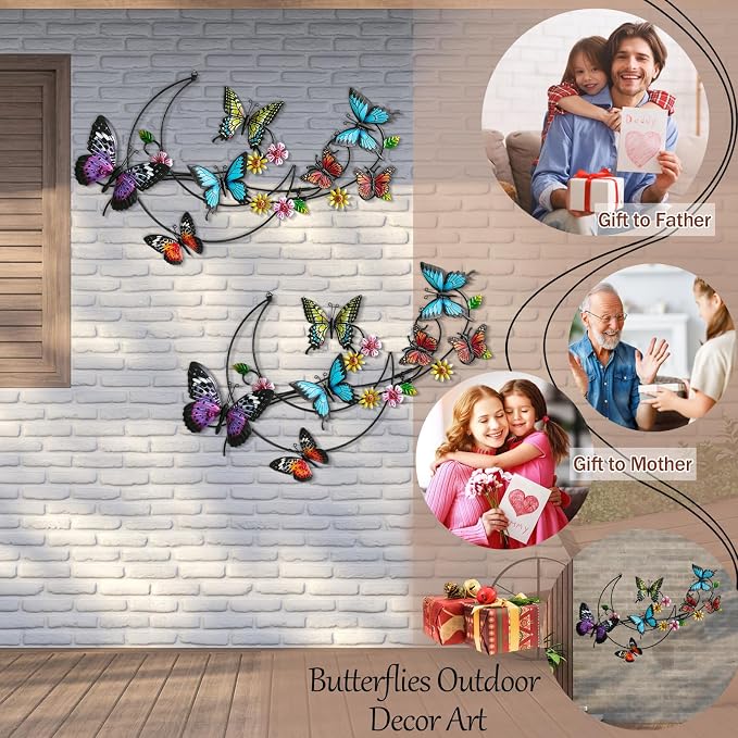 POXOHO Metal Butterflies Outdoor Decor, Indoor & Outdoor Decor, 23.2"×14.7" | Hanging butterfly decorations for fence garden yard patio, 3D & colorful print, gardening gift for men women