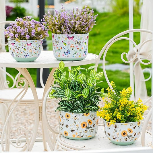 Joint Honglin Butterfly & Bee Metal Planters Set of 2 – Decorative Flower Pots with Colorful Garden Prints, Outdoor & Indoor Use Cute Spring Floral Design for Patio, Balcony, Home Decor (Bee)