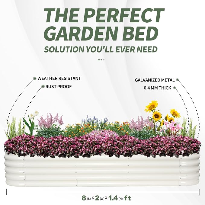 1MORE Galvanized Raised Garden Bed- Planter Garden Boxes Outdoor, Raised Beds for Gardening,Metal Garden Bed Kit for Vegetables Flower, Planter Raised Beds.8x2x1.4ft White-2pcs
