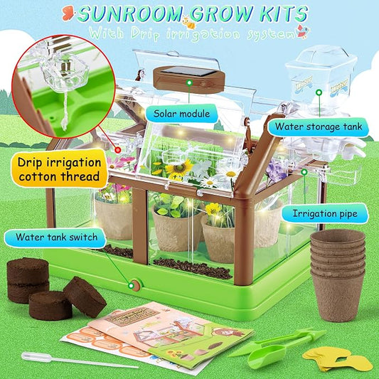 Kids Plant Growing Kit - Kids Greenhouse & Flower Growing Kit with Upgraded Irrigation & Grow Light – Perfect Gardening for Kids(Solar Green)