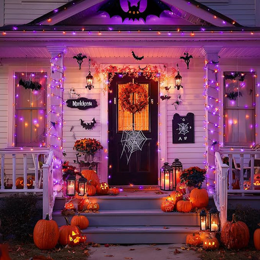 JMEXSUSS 2 Pack Solar Halloween Lights, 600LED 206.7FT, Orange and Purple | Halloween Lights Outdoor Waterproof, 8 Modes Solar String Lights for Outside Patio Yard Tree Halloween Decorations