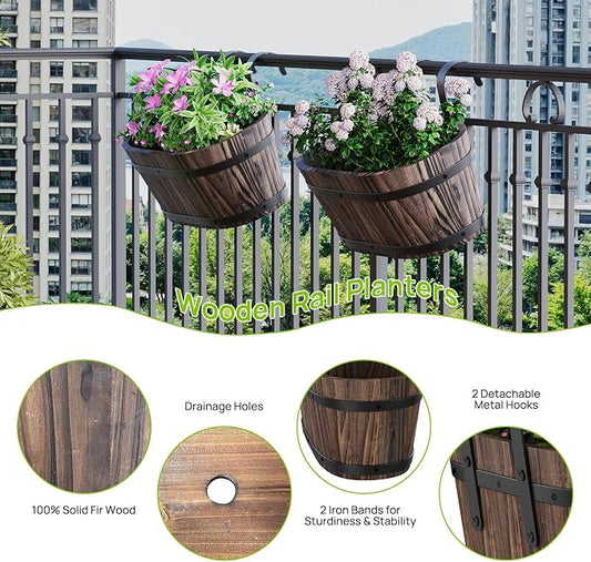 2PACK Wood Hanging Planter, Railing Planter Box, Carbonized, Small | Hanging Flower Pots, window boxes planters, For Fence Outdoor Plants, balcony planters, Countryside Style, Cute Design