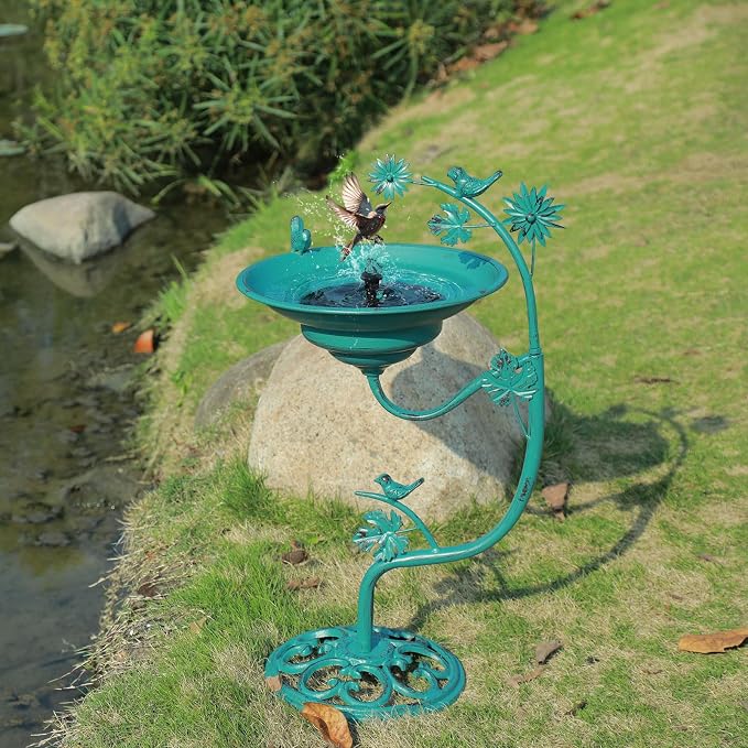 25.8" H Solar Bird Bath Outdoor, Cast Iron Solar Fountain Bird Bath with Bubbler, Vintage Pedestal Metal Bird Bath Bowl for Garden Patio Yard Lawn Decor