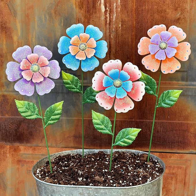 Metal Flowers for Outside, 4 Pcs 16.5 Inch Decorative Garden Stakes, Hand Painted Tin Metal Garden Decor with Glitter, Weather Resistant Outdoor Art for Patio Lawn Yard