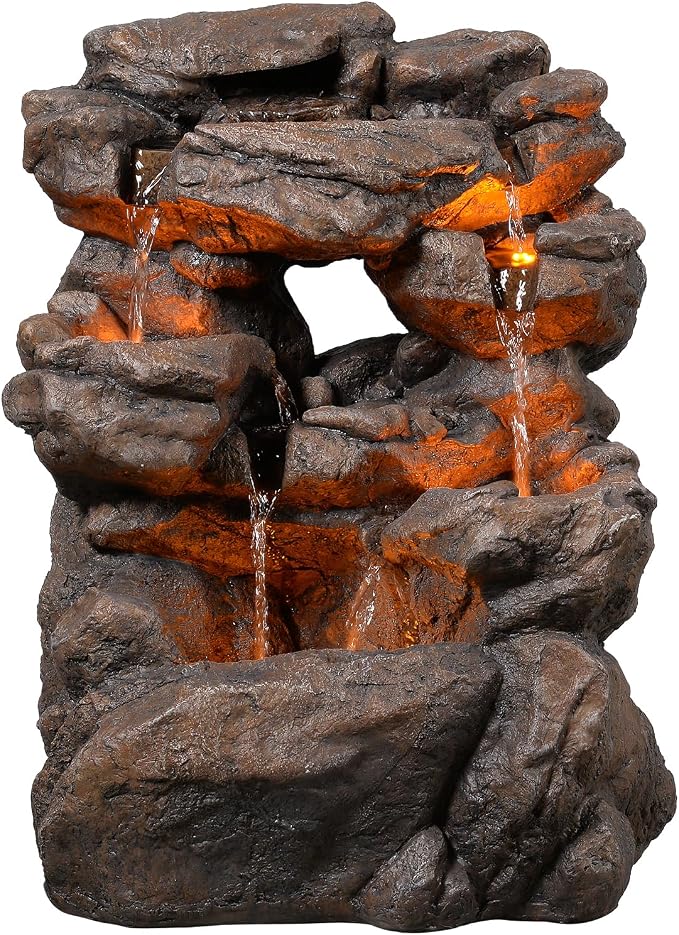 Outdoor Waterfall Fountain 20.5" Tiered with LED Lights, Natural Rock Design, Weatherproof Resin – Waterfall Fountain for Garden, Patio, Yard 24393