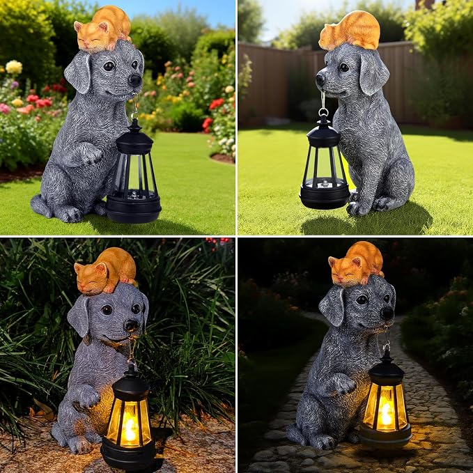 for Mom – Solar Dog Garden Statues with Lantern and Sleeping Cat, Resin Pet Figurine Light for Outdoor Yard Decor, Gift for Women Grandma
