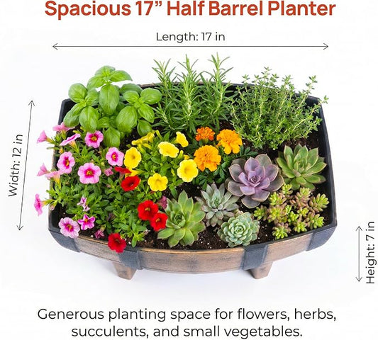Gardenised 2-Piece Rectangular Half Barrel Flower Pots Rustic Farmhouse Style Faux Wood Planter Containers for Indoor & Outdoor Use Perfect for Displaying Decorative Garden Florals Herbs & Succulents
