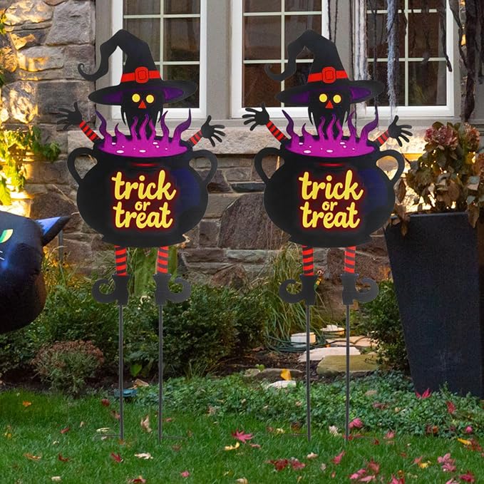 Witch Halloween Decorations Cauldron 39.7 inch with Trick or Treat Sign, Large Halloween Yard Stakes Metal for Garden, Lawn, and Outdoor Spooky Yard Decorations