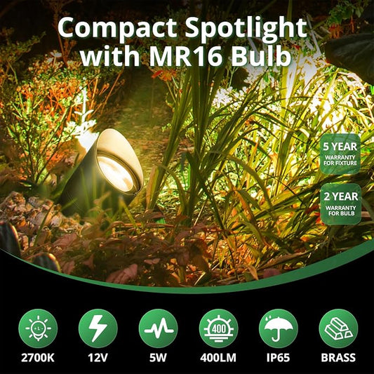 GKOLED Solid Brass Low Voltage Compact Spotlight, 12V AC/DC Waterproof Outdoor Landscape Spot Lights for House Trees Garden Yard Lawn, Up Light with 5W 2700K MR16 Bulb, Stake Included