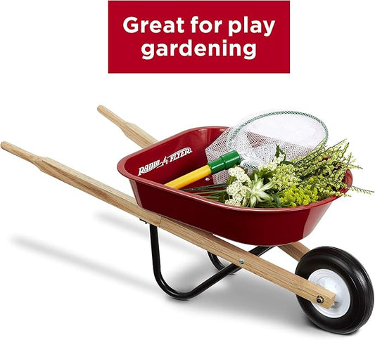 Radio Flyer Classic Kids Wheelbarrow, For Kids 3+, Seamless Steel Tray with No-Scratch Edges, Real Wooden Handles, Durable Front Wheel, Steel Undercarriage, 25 lb Capacity, Garden Toy for Children