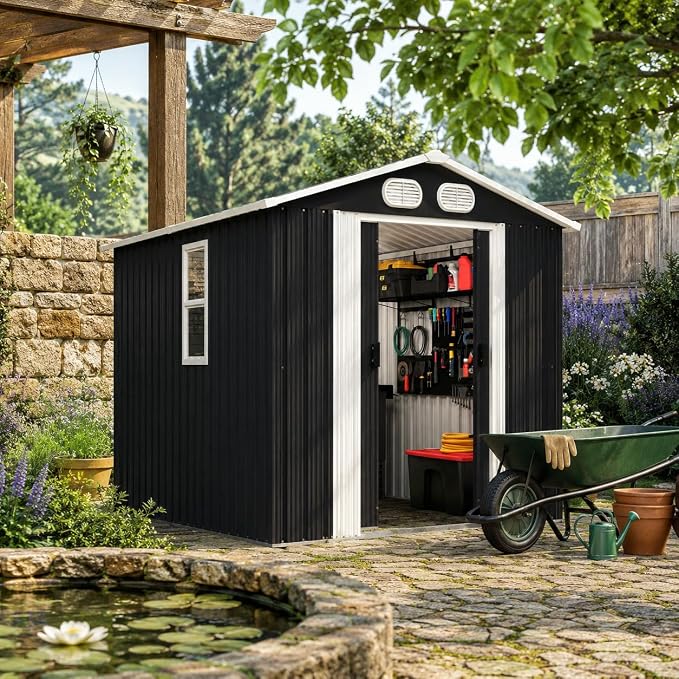 KEIKI 8x6 FT Outdoor Storage Shed, Heavy Duty Metal Garden Shed with Lockable Sliding Doors, Air Vents & Sloped Roof, Waterproof Backyard Tool Shed for Lawn Equipment, Patio Furniture, Dark Gray