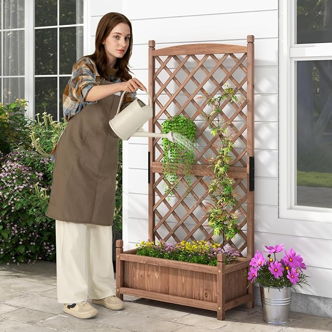 HAPPYGRILL Raised Garden Bed with Trellis, Large Planting Box w/Drainage Holes, 60” Wooden Garden Planter w/Diamond Lattice Trellis for Climbing Plants, Outdoor Planter Box for Patio (2, Coffee)