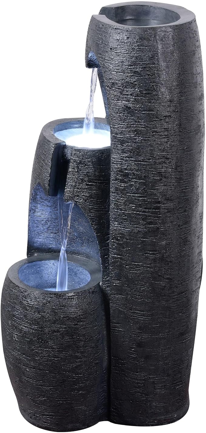 Teamson Home 3-Tier Cascading Urn Outdoor Water Fountain, Black | Cool Glow Lighting, Adjustable Flow, Electric Pump