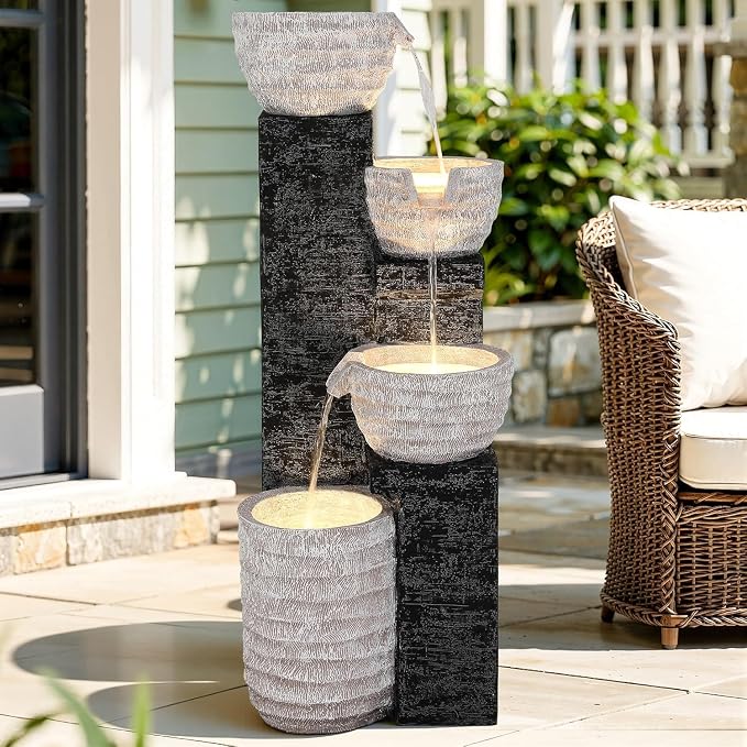 40" H Multilayer Cascading Outdoor Water Fountain with LED Lights & Pump, Sand-Textured Polyresin Freestanding Garden Fountain for Tranquil Garden, Patio or Porch | Unique Sand-Textured Polyresin Freestanding Garden Fountain for Garden, Patio or Porch