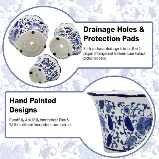 Galt International Blue & White Floral Porcelain Ceramic Decorative Flower Pot 8"/6"/4.5" Garden Pots Chinese Asian Design - Set of 3 Cylinder Fluted Edge