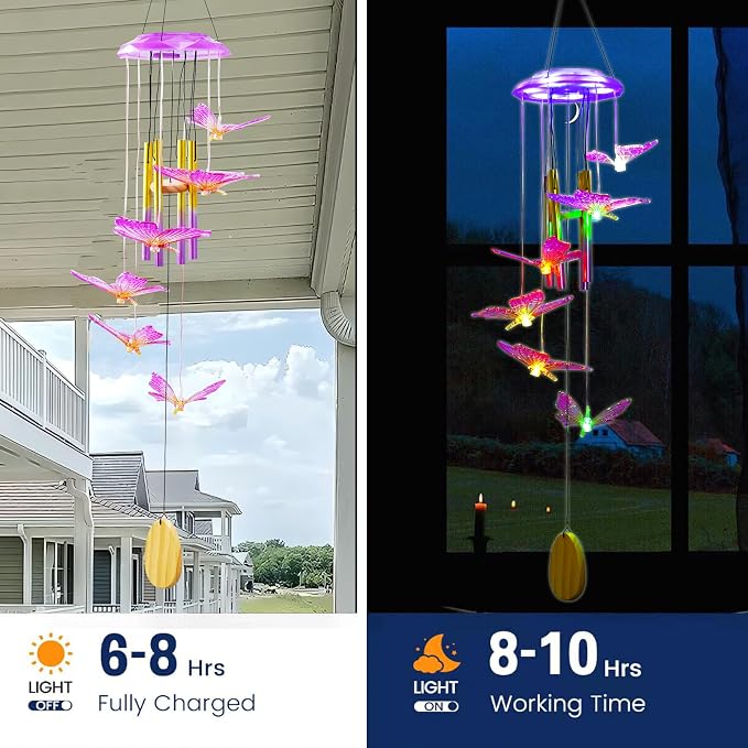Outdoor Solar Wind Chime Decoration, Mother's Day Birthday Gifts for Grandma, Mom and Family, Outdoor Garden and Courtyard Wind Chime Accessories (Purple Butterfly)
