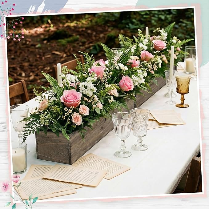 Dandat 1 Set Wood Boxes for Centerpieces 28x5 Inch Rectangle Wooden Planter Box Rustic Wooden Planters with Removable Plastic Liner Floral Foam Blocks for Christmas Wedding Home Garden Decor(Brown)