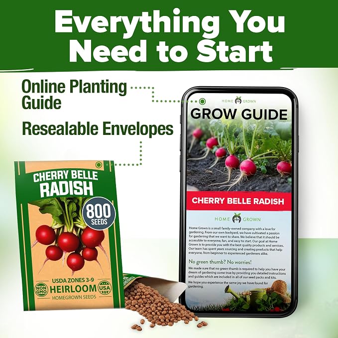 HOME GROWN Cherry Belle Radish Seeds 800+ Heirloom Non-GMO Seeds for Planting, High Germination, Fast Growing Red Radish, Harvest in 30 Days, Crisp & Mild Root Vegetable,Spring Fall (Raphanus sativus)