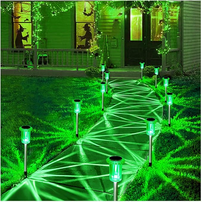Halloween Solar Lights Outdoor 10 Pack Solar Pathway Lights Green Halloween Decorations Waterproof Yard Lighting for Outside Driveway Garden Walkway Path Landscape Lawn