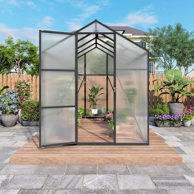 6x8 FT Greenhouse, Walk-in Heavy Duty Polycarbonate Outdoor Greenhouses with Raised Base & Anchor, Height-Enhanced Aluminum Frame, & Drainage System for Backyard All Season Growing, Black